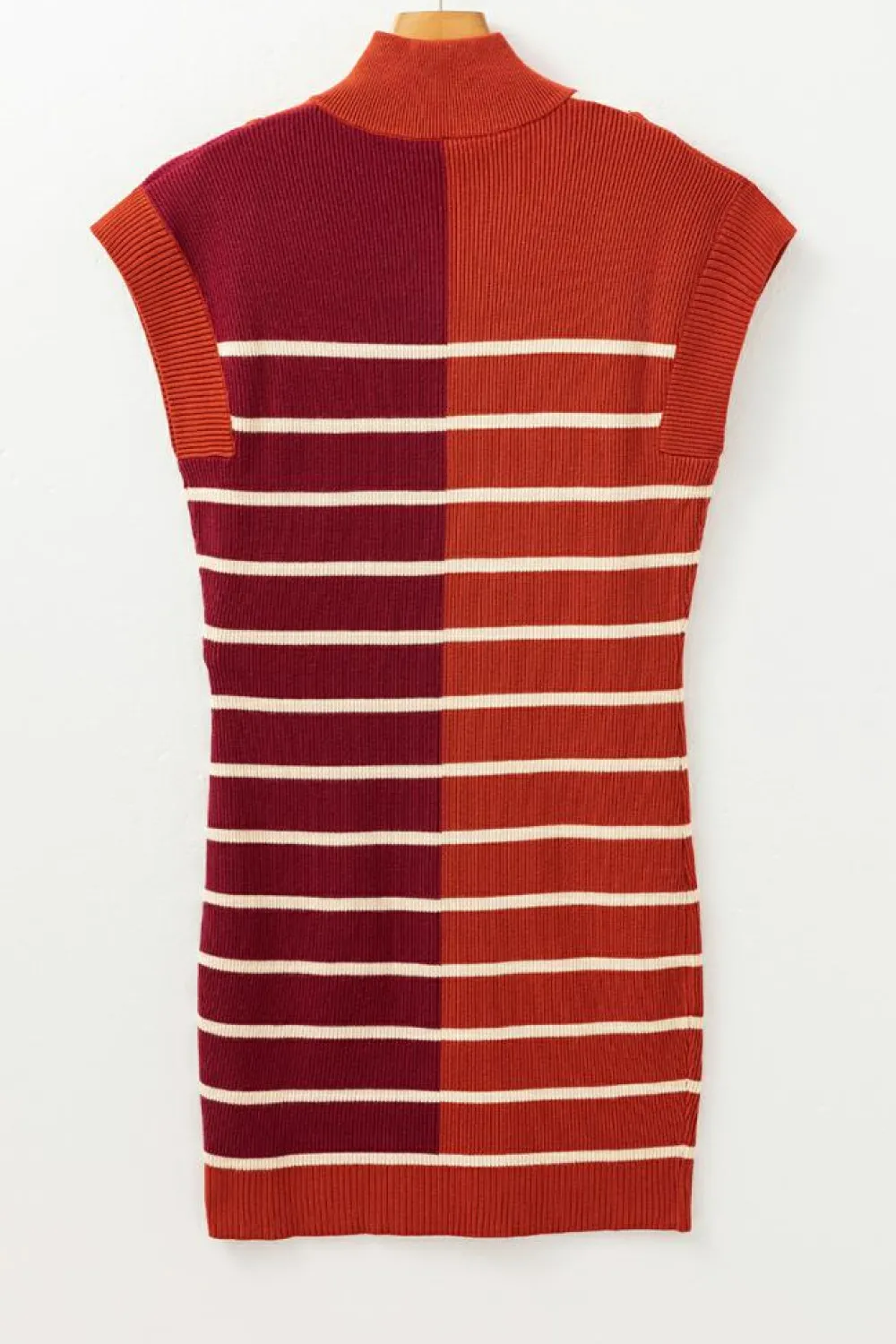 Outlet Dear-Lover Color Block Quarter Zip Collar Short Sleeve Sweater Dress Brown Stripe