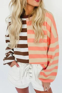Clearance Dear-Lover Color Block Drop Shoulder Pullover Sweatshirt Brown Stripe