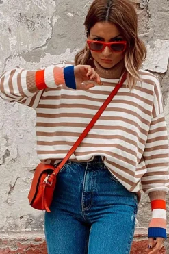 Sale Dear-Lover Colorblock Bishop Sleeve Turtleneck Sweater Brown Stripe