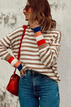 Sale Dear-Lover Colorblock Bishop Sleeve Turtleneck Sweater Brown Stripe