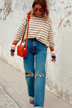 Sale Dear-Lover Colorblock Bishop Sleeve Turtleneck Sweater Brown Stripe