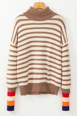 Sale Dear-Lover Colorblock Bishop Sleeve Turtleneck Sweater Brown Stripe
