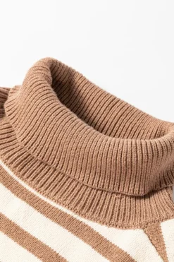 Sale Dear-Lover Colorblock Bishop Sleeve Turtleneck Sweater Brown Stripe