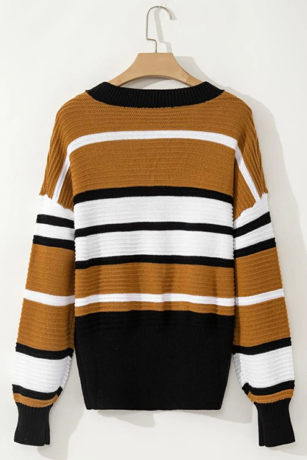 Online Dear-Lover Contrast Stripes V Neck Textured Knit Sweater Brown Stripe