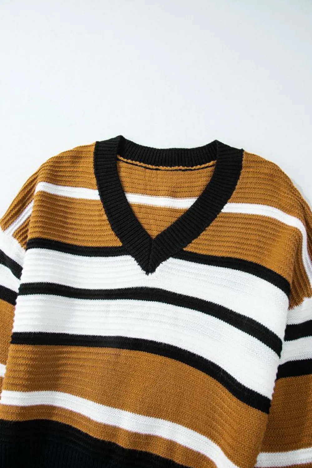 Online Dear-Lover Contrast Stripes V Neck Textured Knit Sweater Brown Stripe