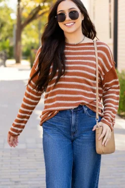 Best Dear-Lover Drop Shoulder Casual Sweater Brown Stripe