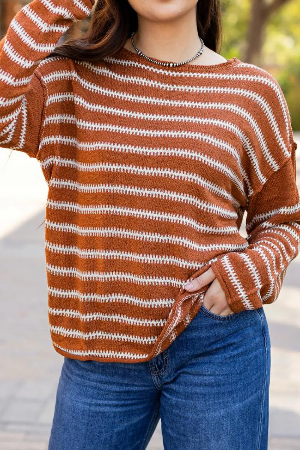 Best Dear-Lover Drop Shoulder Casual Sweater Brown Stripe