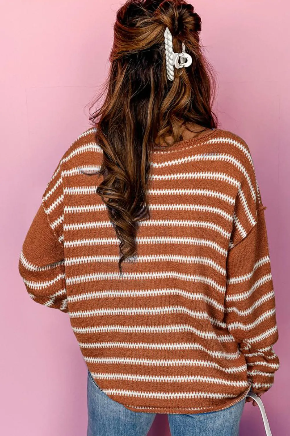 Best Dear-Lover Drop Shoulder Casual Sweater Brown Stripe