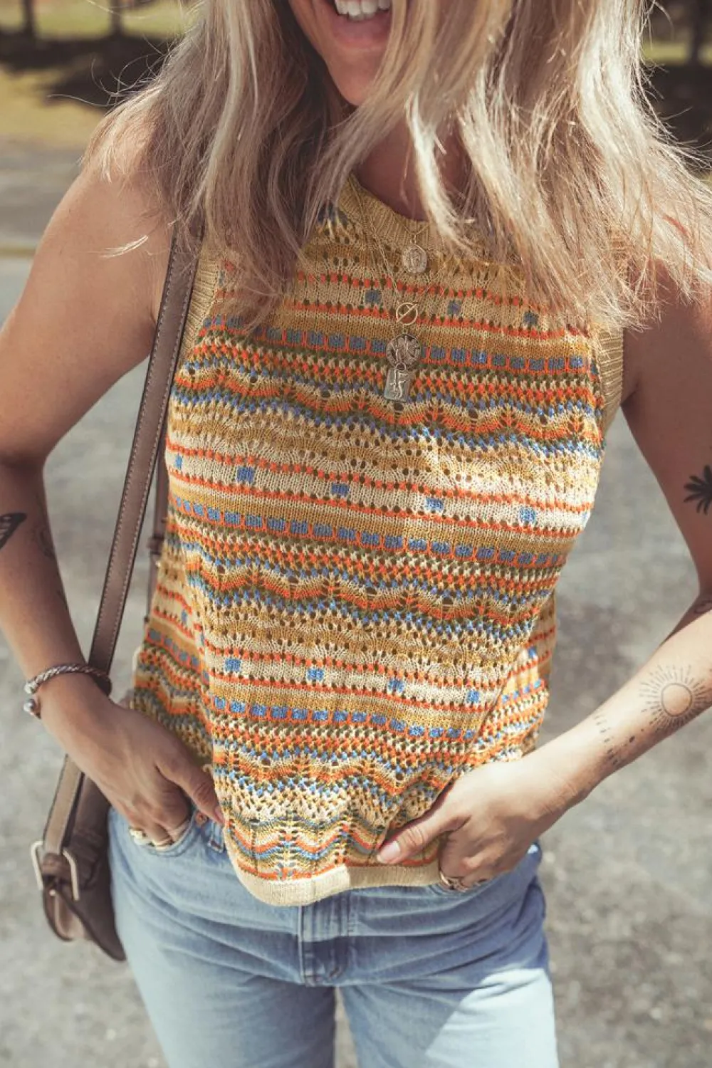 Best Dear-Lover Eyelet Crochet Round Neck Sweater Vest Brown Stripe