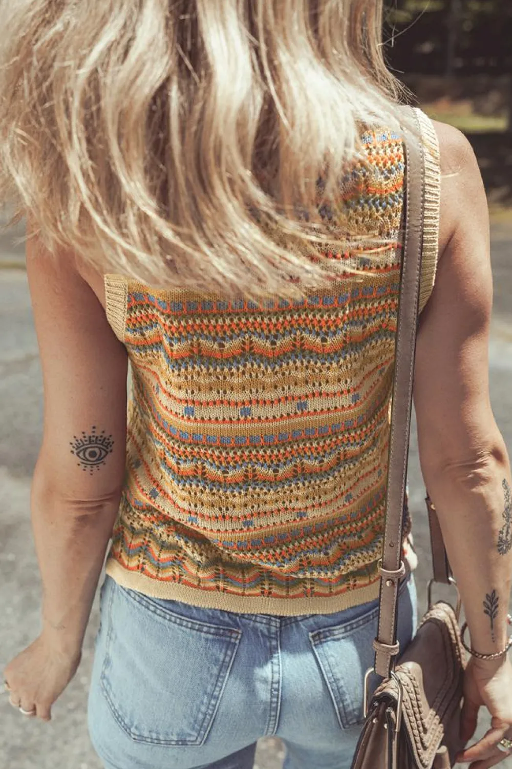 Best Dear-Lover Eyelet Crochet Round Neck Sweater Vest Brown Stripe