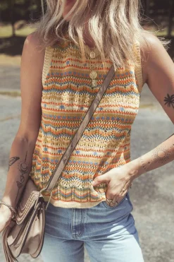 Best Dear-Lover Eyelet Crochet Round Neck Sweater Vest Brown Stripe