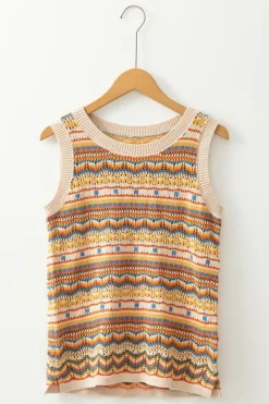 Best Dear-Lover Eyelet Crochet Round Neck Sweater Vest Brown Stripe