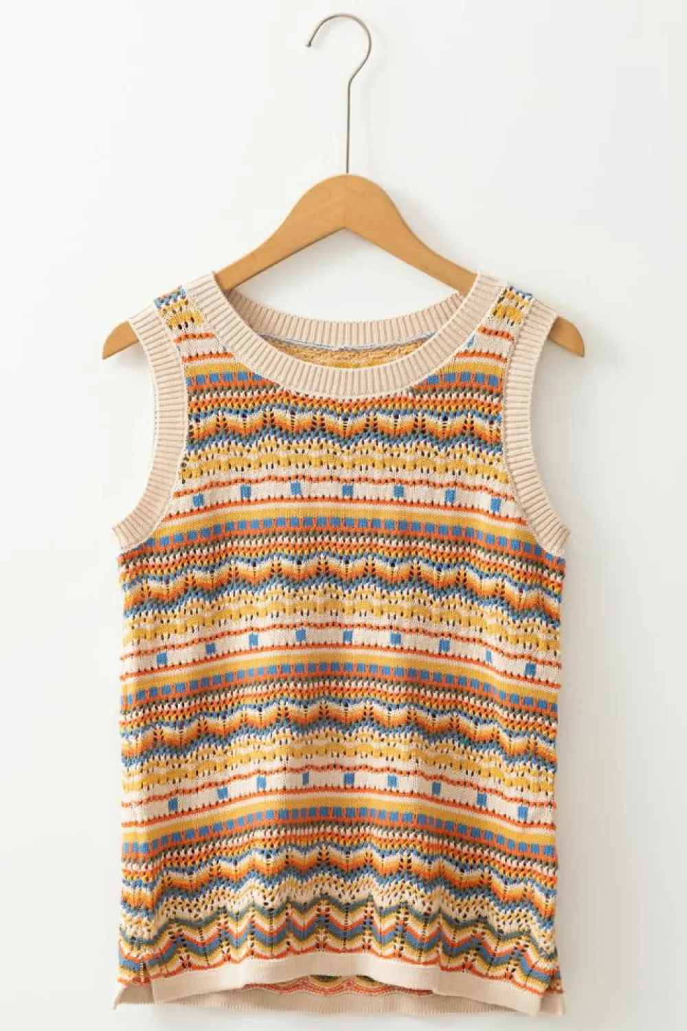 Best Dear-Lover Eyelet Crochet Round Neck Sweater Vest Brown Stripe