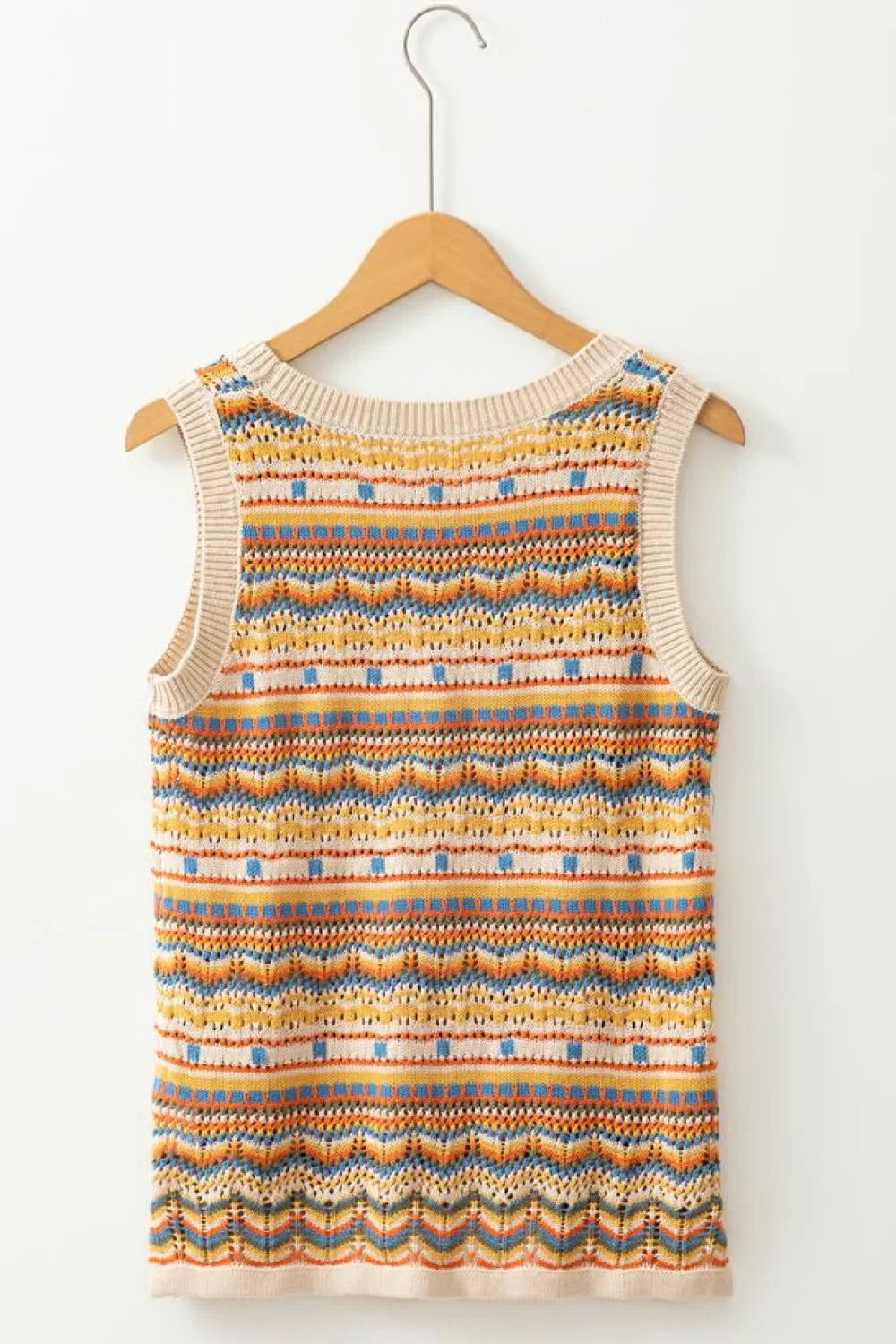 Best Dear-Lover Eyelet Crochet Round Neck Sweater Vest Brown Stripe