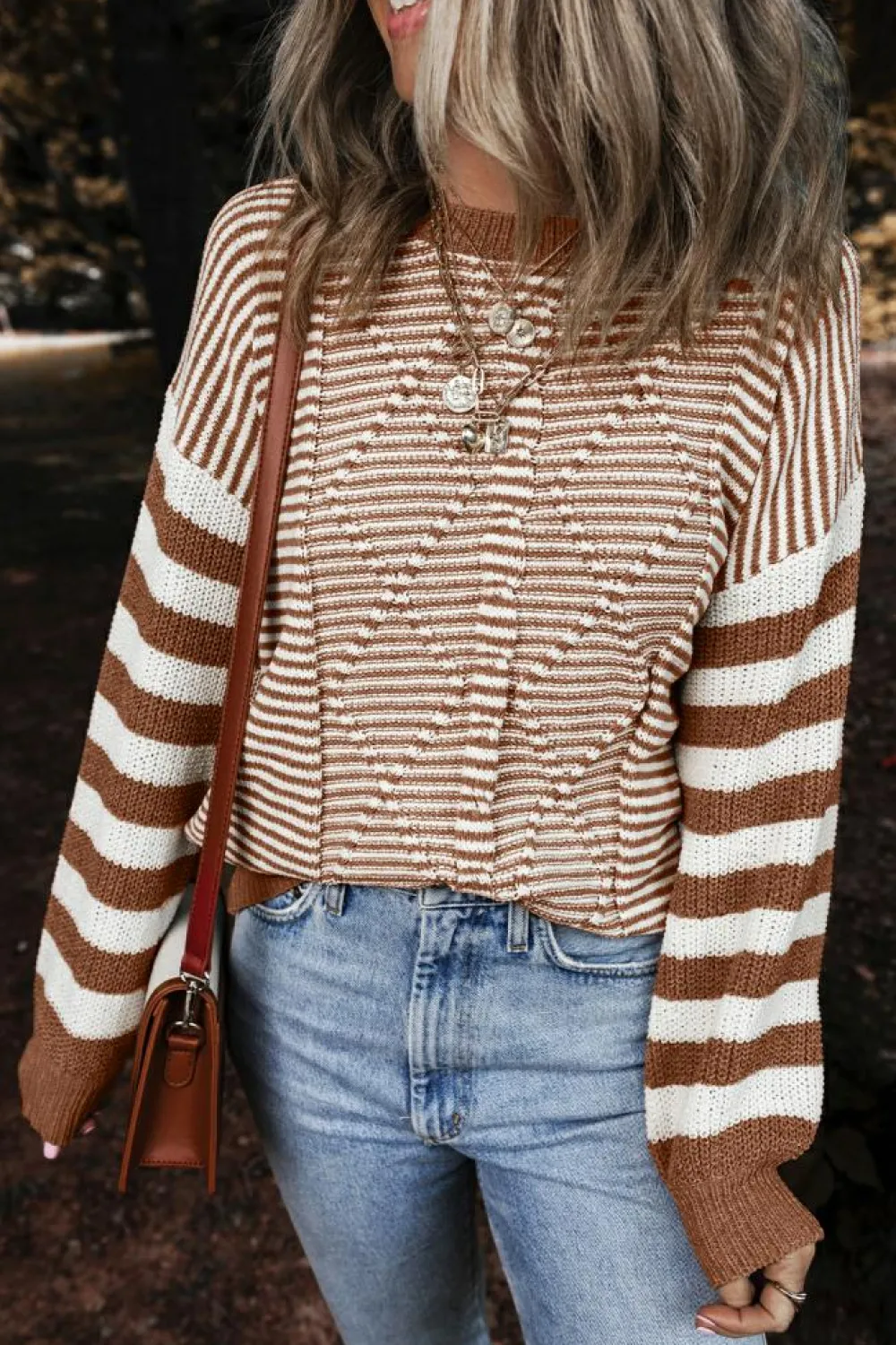 Clearance Dear-Lover Geometric Textured Drop Shoulder Sweater Brown Stripe