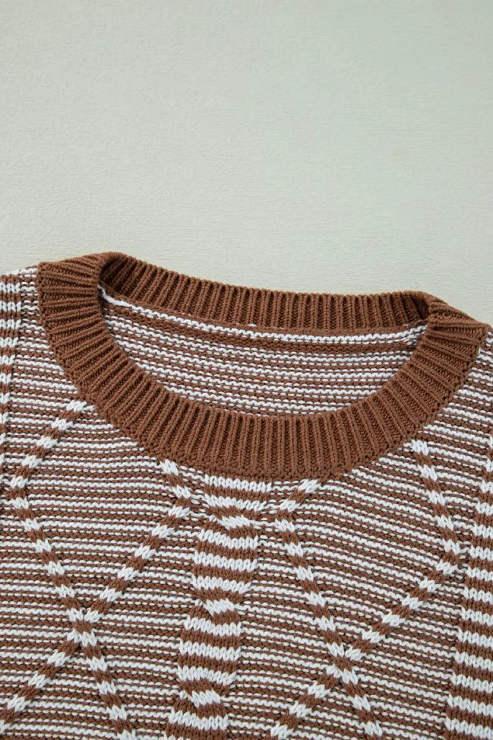 Clearance Dear-Lover Geometric Textured Drop Shoulder Sweater Brown Stripe