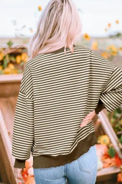 New Dear-Lover Loose Drop Shoulder Long Sleeve Top Brown Stripe