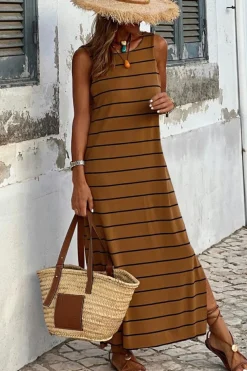 Hot Dear-Lover Stripe Print Open Back Sleeveless Maxi Dress with Slits Brown