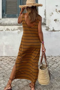 Hot Dear-Lover Stripe Print Open Back Sleeveless Maxi Dress with Slits Brown