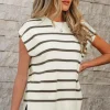 Hot Dear-Lover Side Slits Crewneck Short Sleeve Sweater Tee Brown Stripe