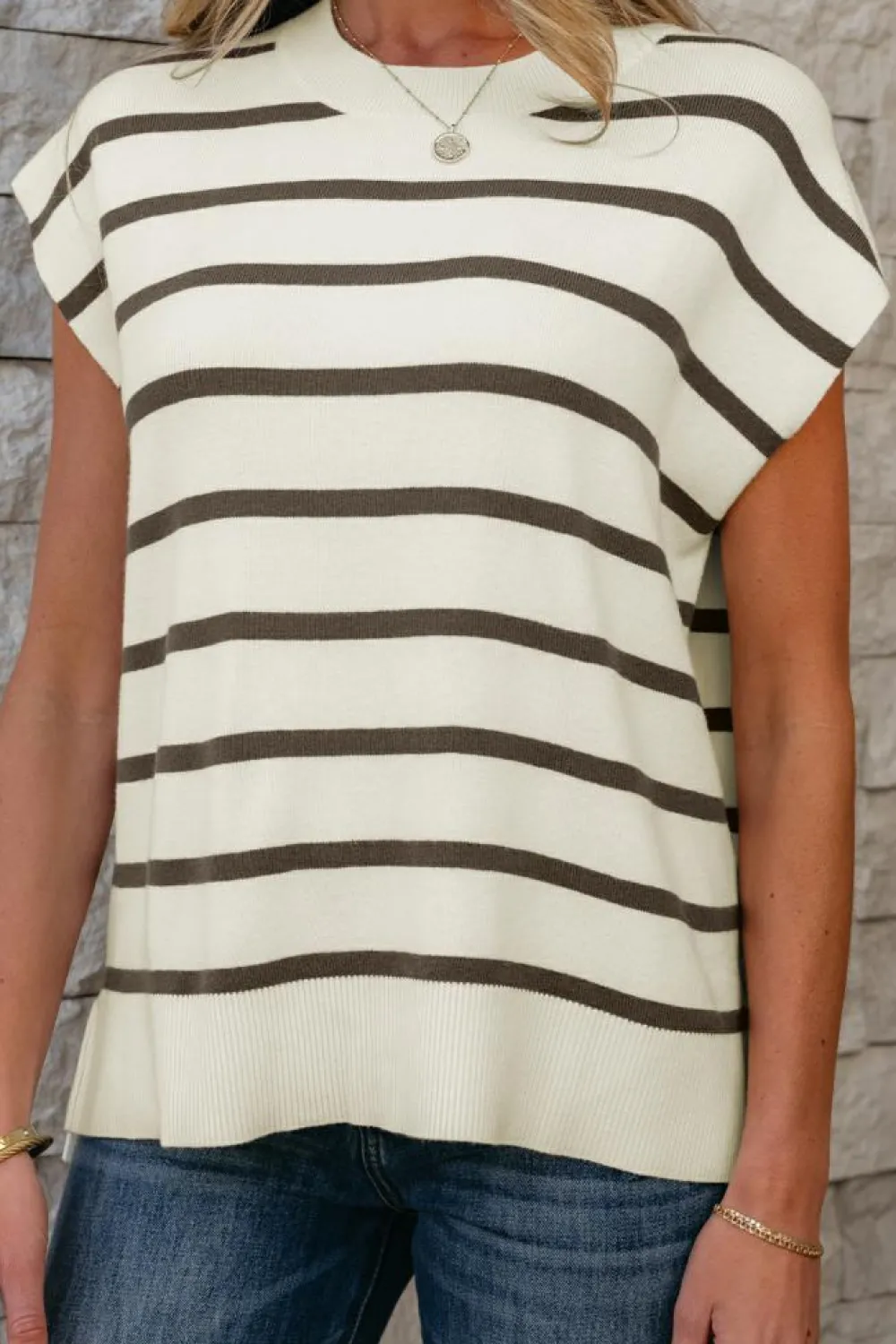 Hot Dear-Lover Side Slits Crewneck Short Sleeve Sweater Tee Brown Stripe