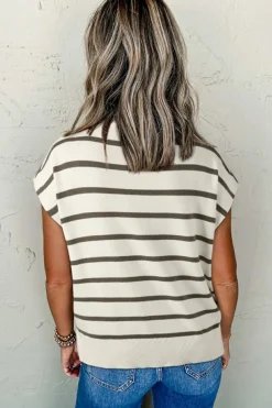 Hot Dear-Lover Side Slits Crewneck Short Sleeve Sweater Tee Brown Stripe