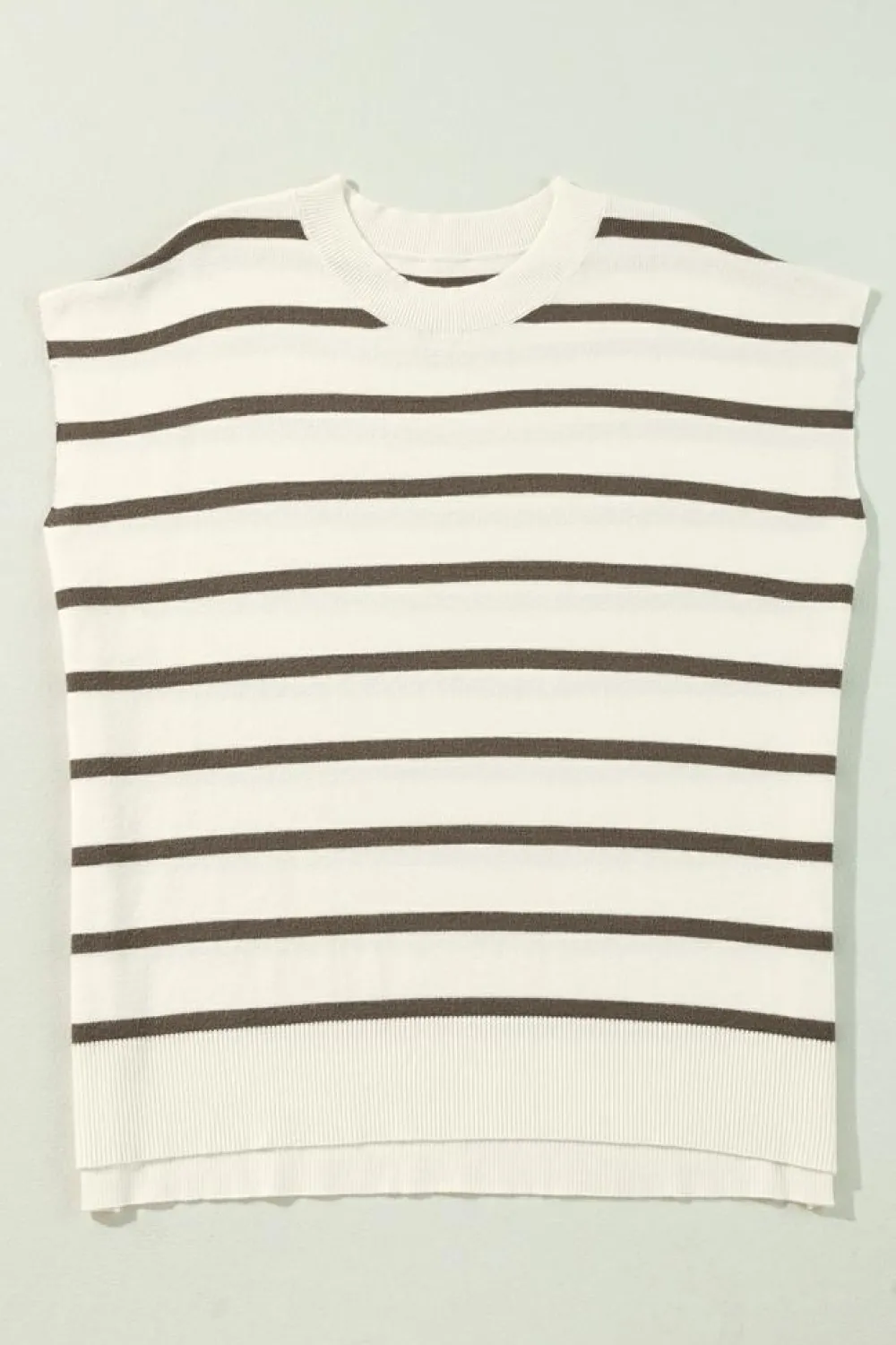 Hot Dear-Lover Side Slits Crewneck Short Sleeve Sweater Tee Brown Stripe