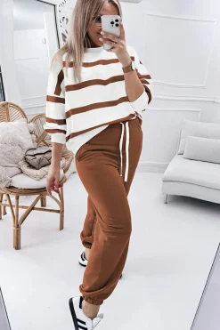 Sale Dear-Lover Striped Drop Shoulder Pullover and Jogger Pants Set Brown Stripe