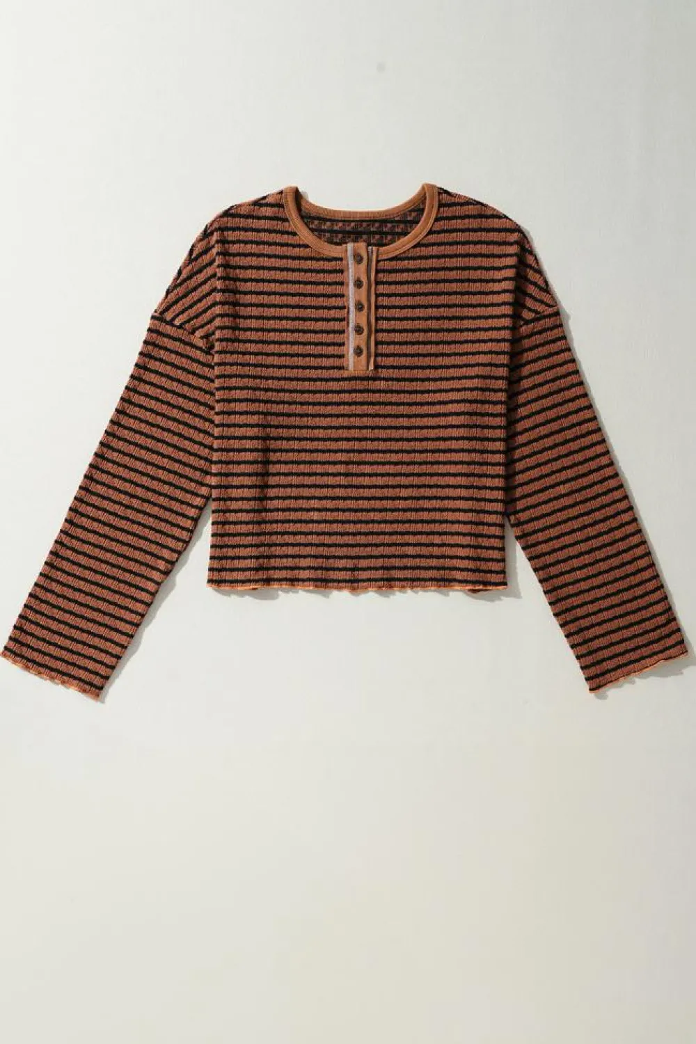 Discount Dear-Lover Textured Frilly Trim Buttons Henley Long Sleeve Top Brown Stripe