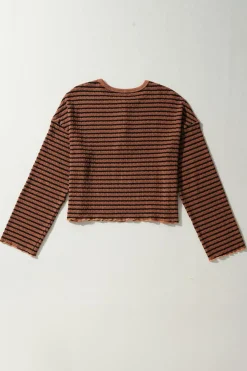 Discount Dear-Lover Textured Frilly Trim Buttons Henley Long Sleeve Top Brown Stripe