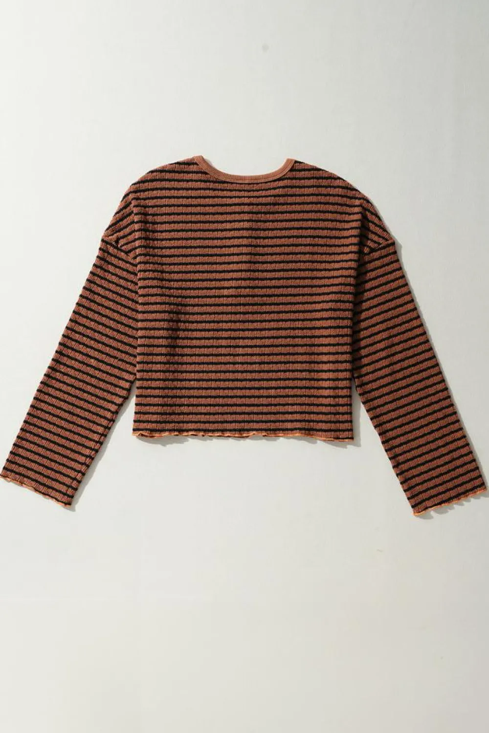 Discount Dear-Lover Textured Frilly Trim Buttons Henley Long Sleeve Top Brown Stripe