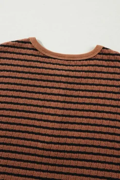 Discount Dear-Lover Textured Frilly Trim Buttons Henley Long Sleeve Top Brown Stripe