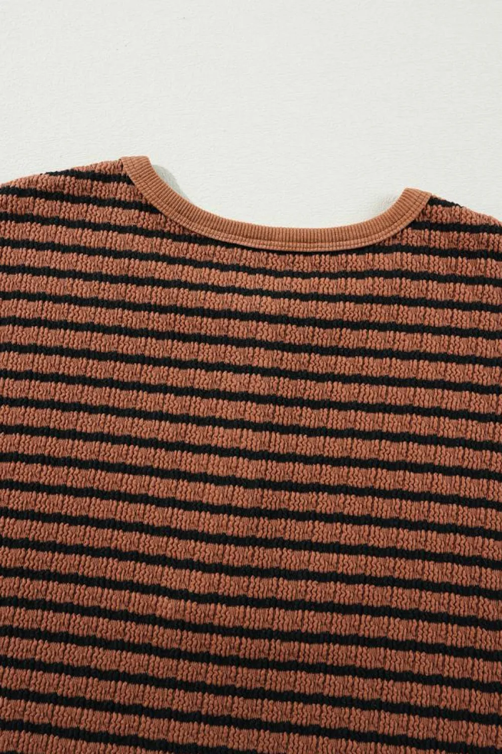Discount Dear-Lover Textured Frilly Trim Buttons Henley Long Sleeve Top Brown Stripe