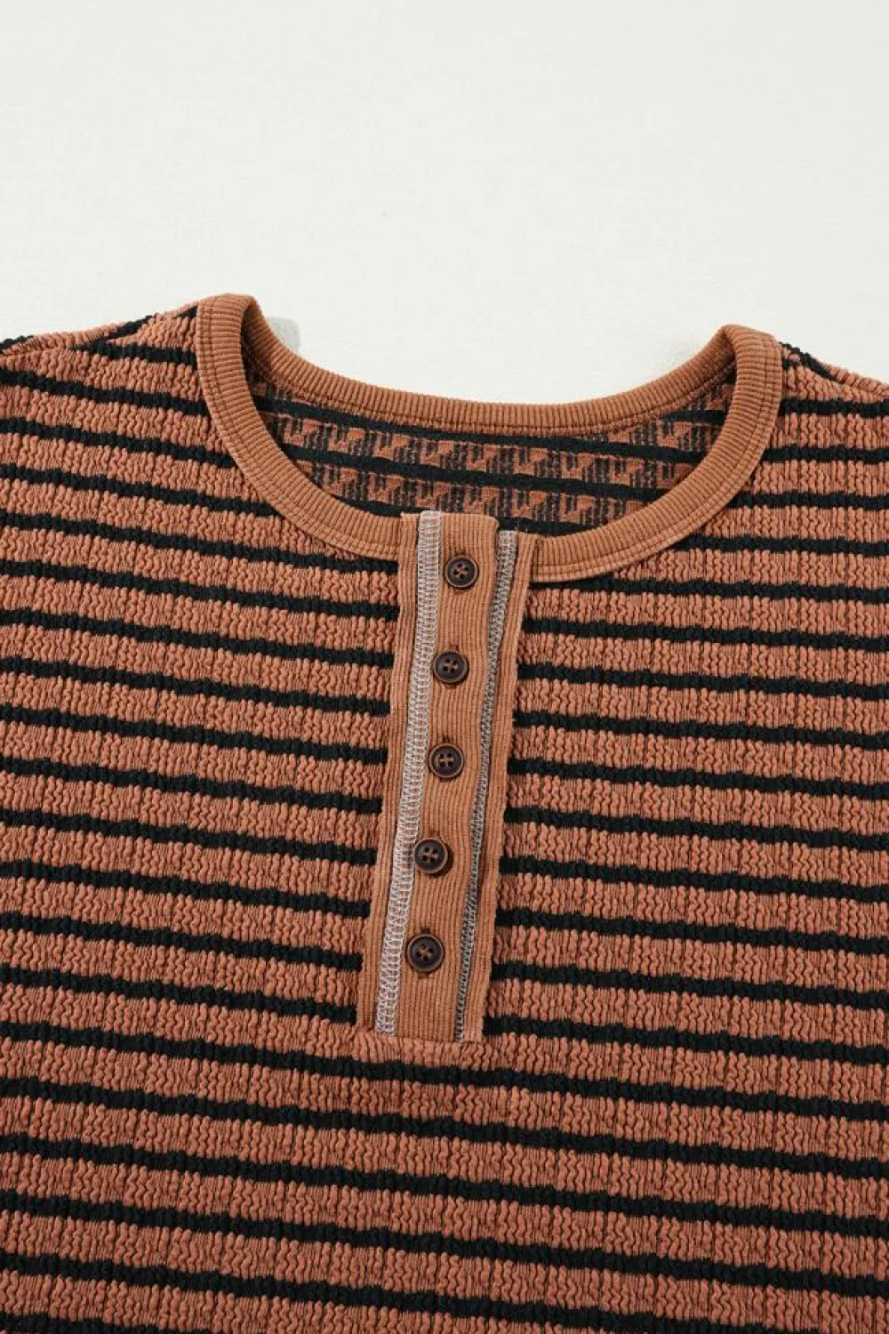 Discount Dear-Lover Textured Frilly Trim Buttons Henley Long Sleeve Top Brown Stripe