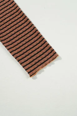 Discount Dear-Lover Textured Frilly Trim Buttons Henley Long Sleeve Top Brown Stripe