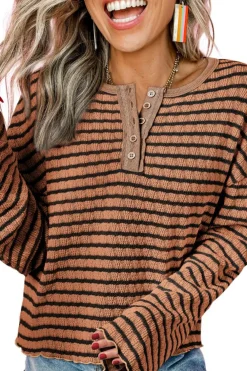 Discount Dear-Lover Textured Frilly Trim Buttons Henley Long Sleeve Top Brown Stripe