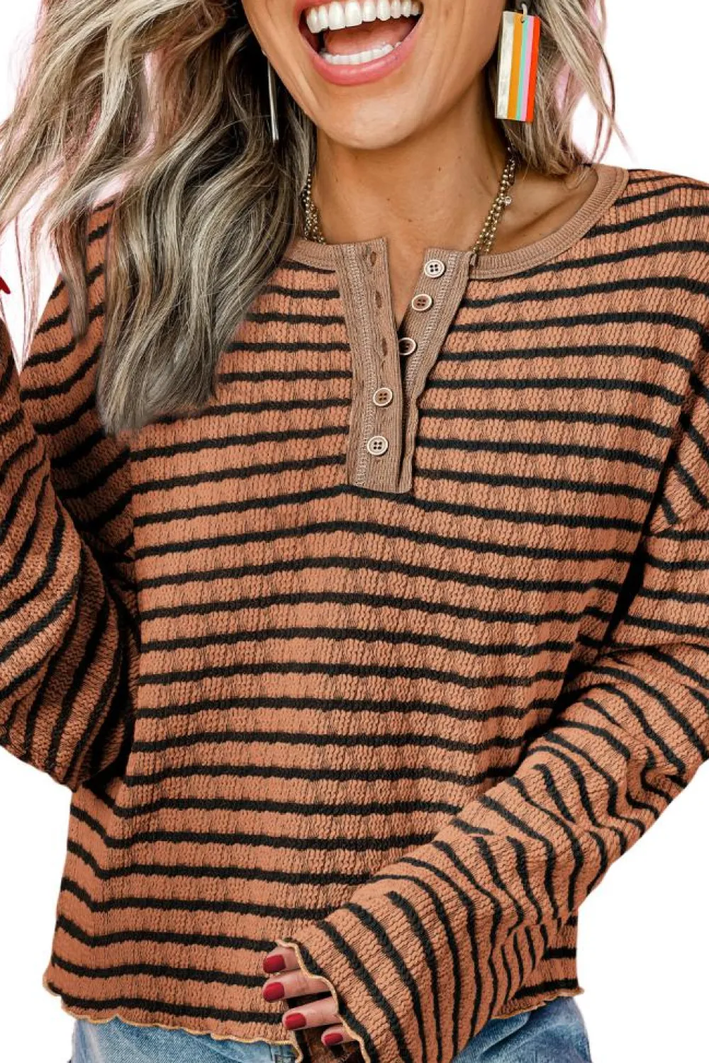 Discount Dear-Lover Textured Frilly Trim Buttons Henley Long Sleeve Top Brown Stripe