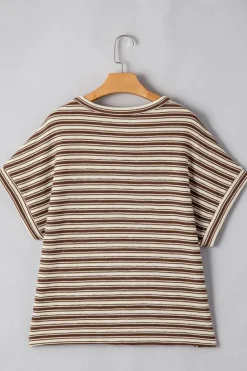 Discount Dear-Lover Textured Side Slits Crew Neck T Shirt Brown Stripe