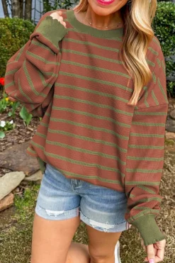 Outlet Dear-Lover Trimmed Round Neck Drop Shoulder Loose Sweater Brown Stripe