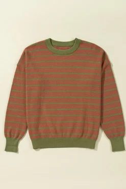 Outlet Dear-Lover Trimmed Round Neck Drop Shoulder Loose Sweater Brown Stripe