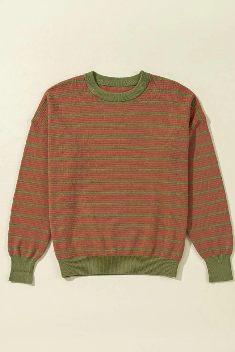 Outlet Dear-Lover Trimmed Round Neck Drop Shoulder Loose Sweater Brown Stripe
