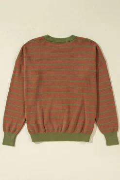 Outlet Dear-Lover Trimmed Round Neck Drop Shoulder Loose Sweater Brown Stripe