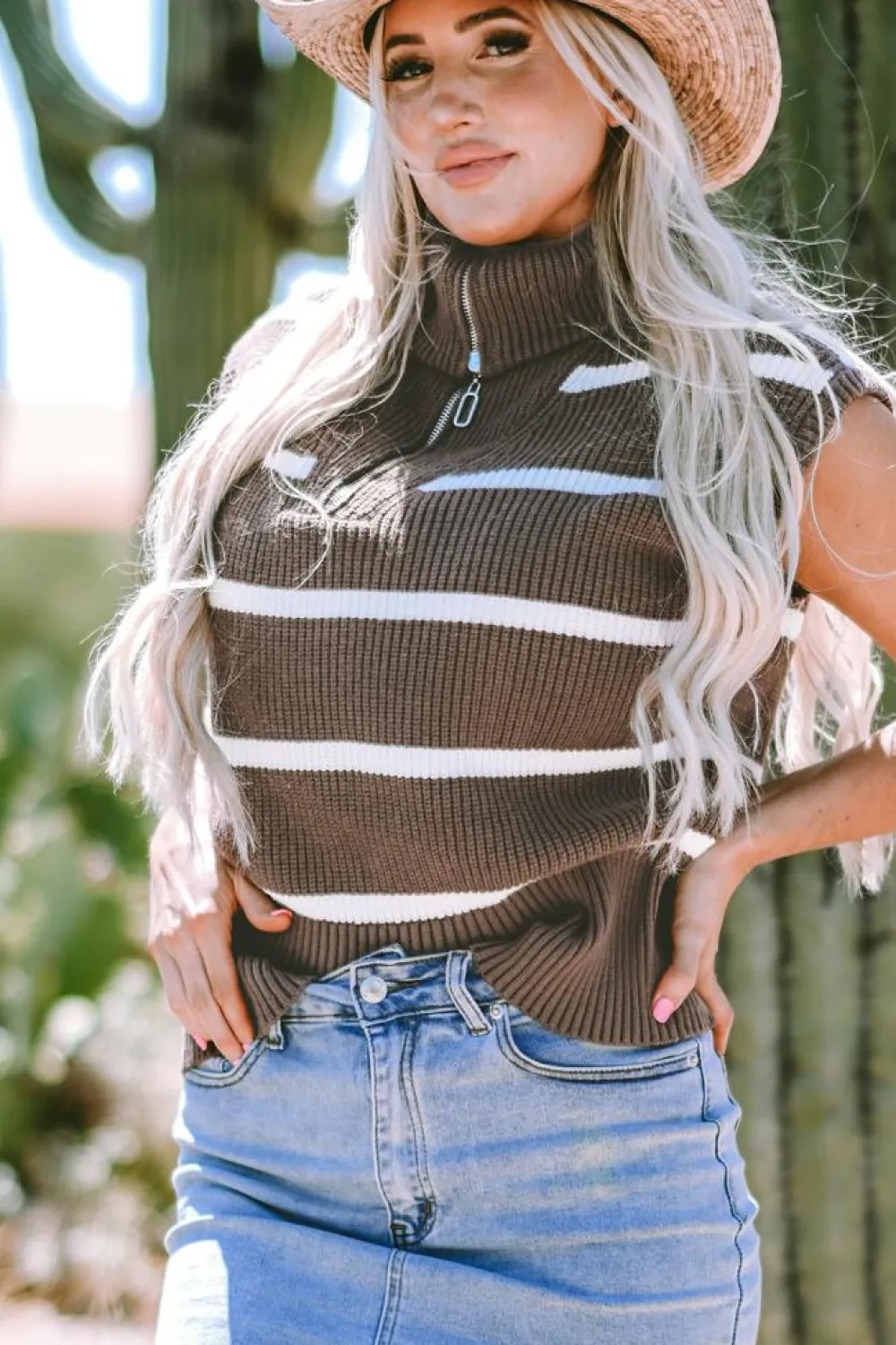 Hot Dear-Lover Zipped Collar Cap Sleeve Knit Top Brown Stripe
