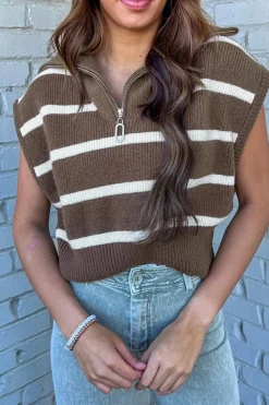 Hot Dear-Lover Zipped Collar Cap Sleeve Knit Top Brown Stripe