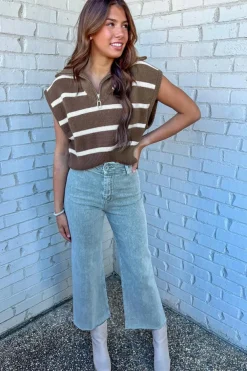 Hot Dear-Lover Zipped Collar Cap Sleeve Knit Top Brown Stripe
