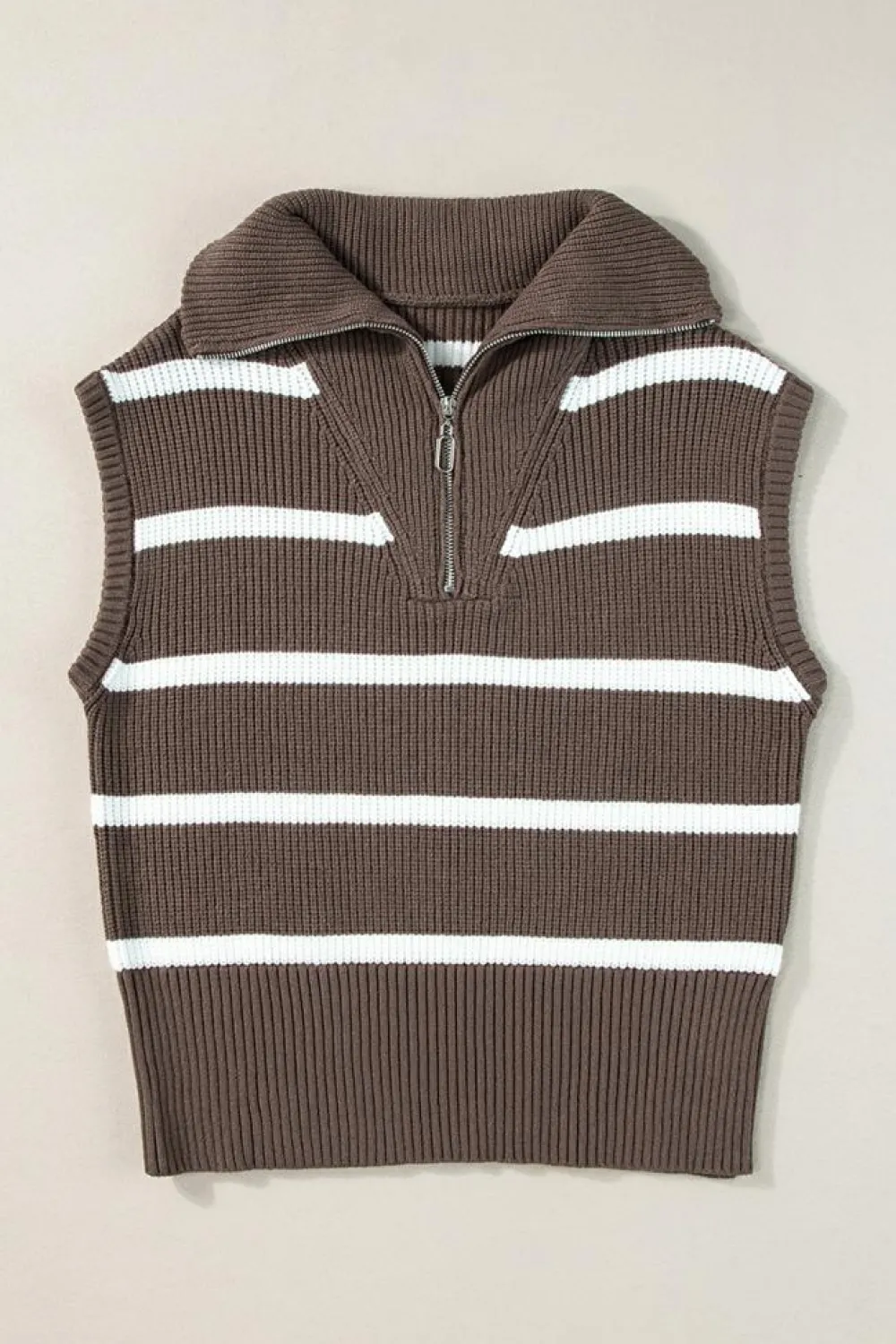Hot Dear-Lover Zipped Collar Cap Sleeve Knit Top Brown Stripe