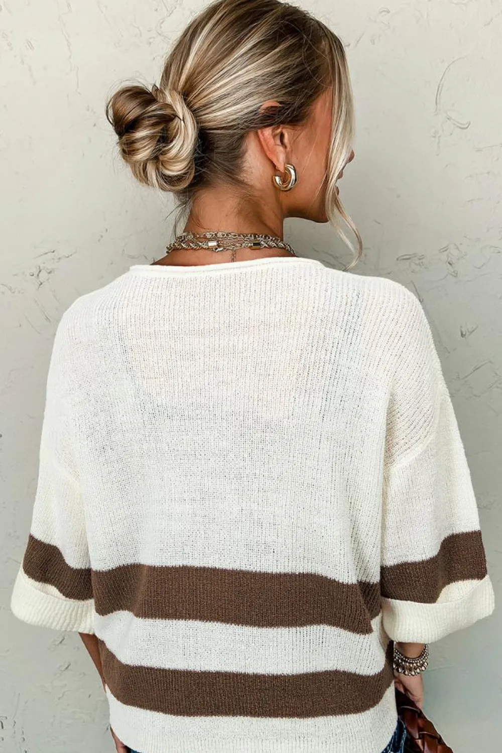 Hot Dear-Lover d Accent Notched V Neck Cropped Sweater T Shirt Brown Stripe