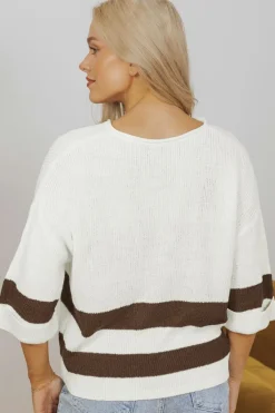 Hot Dear-Lover d Accent Notched V Neck Cropped Sweater T Shirt Brown Stripe