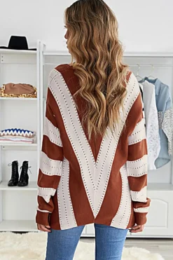 Fashion Dear-Lover Striped Colorblock V Neck Knitted Sweater Brown