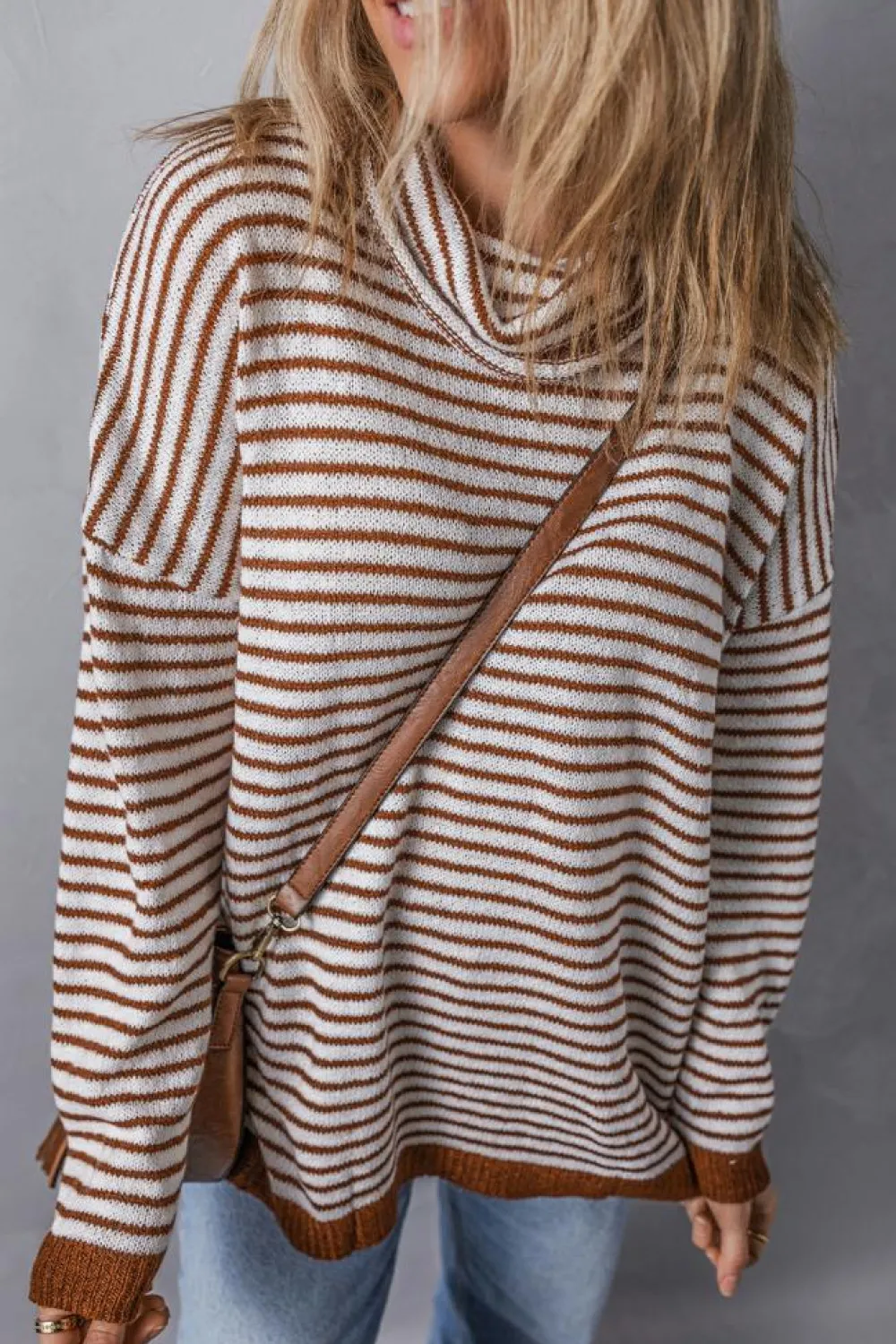 Clearance Dear-Lover Striped Turtleneck Loose Sweater Brown